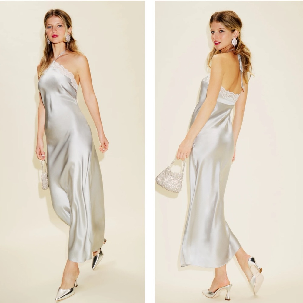 Reformation NWT L Aara Moonlight Silver Silk Midi Dress Lace Halter